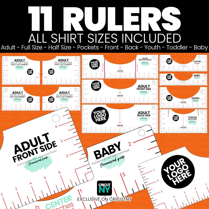 11 t-shirt ruler printable. All shirt sizes are included. Adult – Full Size – Half Size – Pockets – Front – Back – Youth – Toddler – Baby.